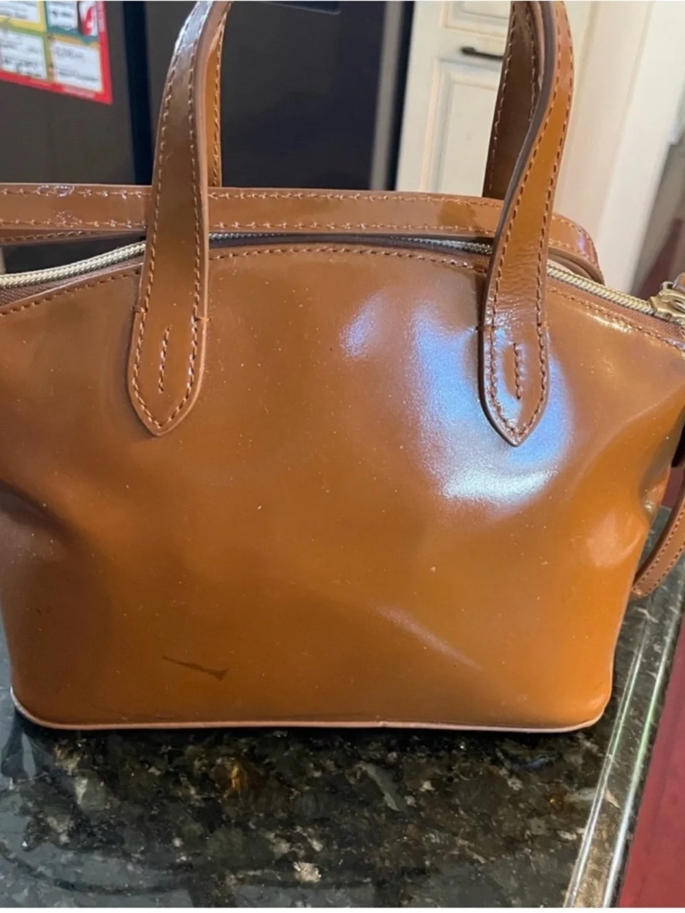 Dooney & Bourke Mini Cognac Patent Leather Crossbody Satchel 10” x 8”